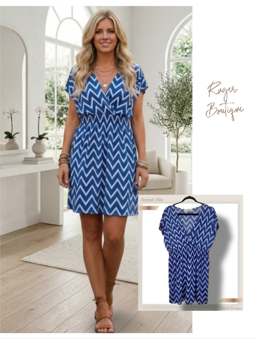 🌿Second Skin Women's 1X Blue White Chevron Print Smoked Waist Dress